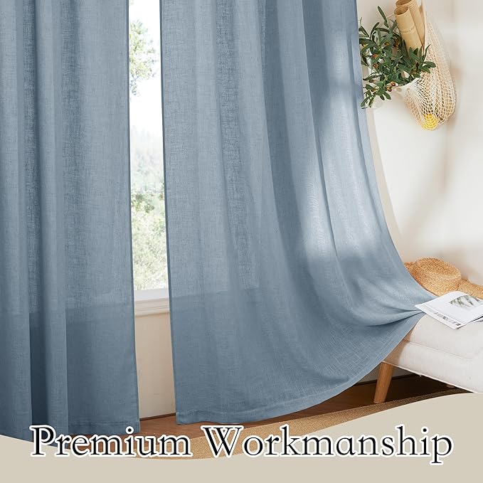 RYB HOME Light Filtering Linen Sheer Curtains for Bedroom Nursery, Semi Transparent Burlap Wrinkle Resistant for Home Office Privacy Country Rustic Design, Dusty Blue, W 60 x L 84, 1 Pc