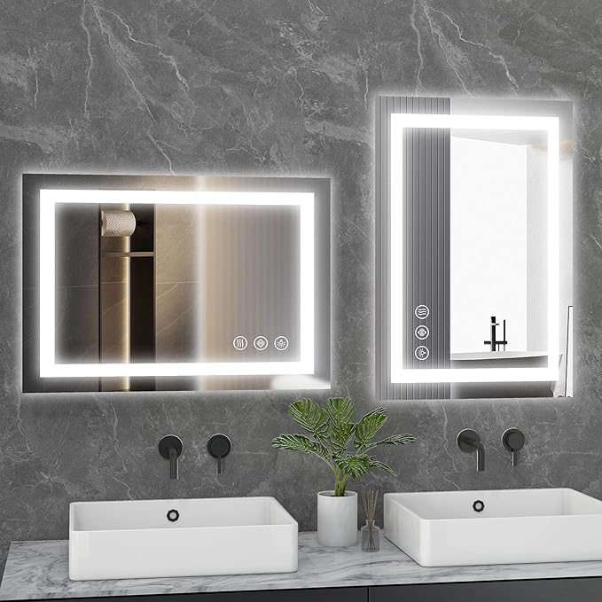 DUMOS 28"x 21" LED Bathroom Mirror with Lights, Dimmable Anti-Fog Front Lit Backlit Lighted Wall Mounted Rectangle for Vanity Makeup Memory Function Tempered Glass Shatter-Proof Horizontal&Vertically