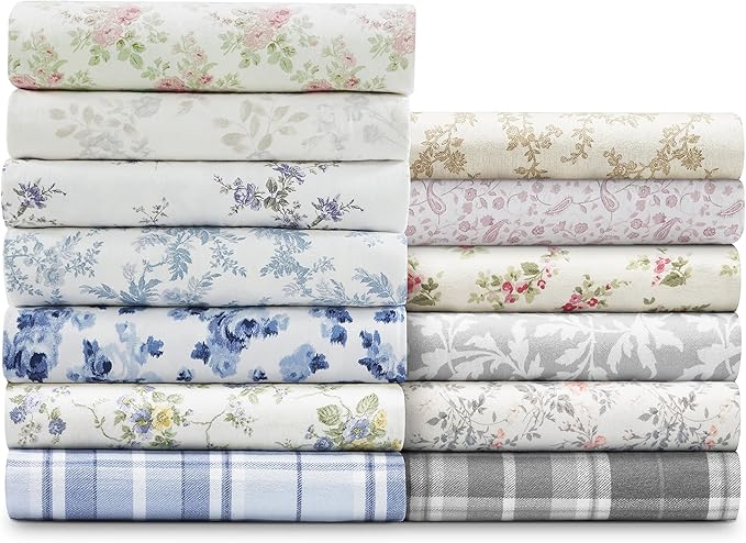 Laura Ashley - Flannel Sheets Full Size, Anti-Pilling & Wrinkle Resistant Cotton, Touchably Soft for All-Season Comfort - Bed Sheets with Matching Pillowcases & Fitted Sheet (Mulholland Plaid Blue)