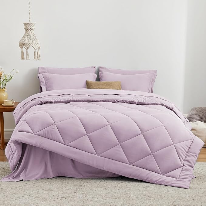 Love's cabin California King Comforter Set Light Purple, 7 Pieces California King Bed in a Bag, All Season Bedding Sets with 1 Comforter, 1 Flat Sheet, 1 Fitted Sheet, 2 Pillowcase and 2 Pillow Sham