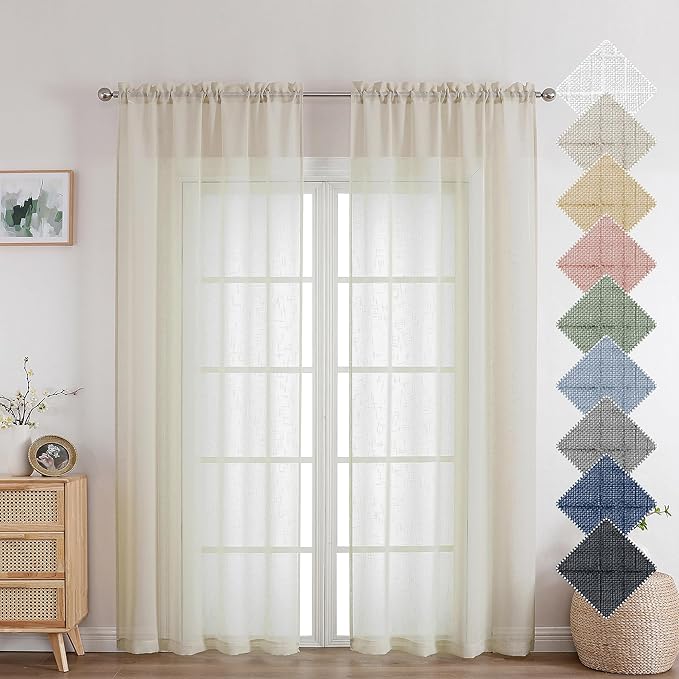 Aiyufeng Natural Sheer Curtains 72 inches Long 2 Panels, Fresh Textured Semi Sheer Natural Linen Breathable Elegant Door Curtains & Drapes for Farmhouse/Living Room/Kitchen, 40Wx72L inch