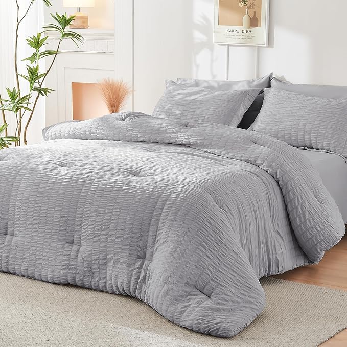 HYMOKEGE Light Grey California King Comforter Set Seersucker 7 Pieces, All Season Luxury Bed in a Bag for Bedroom, Bedding Set with Comforters, Sheets, Pillowcases & Shams