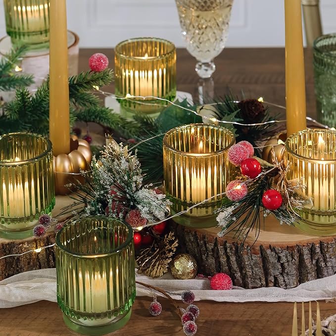 Kate Aspen Vintage Ribbed Glass Candle Holder Decor, Green Votive Candle Holders for Holiday Table Decor, Tealight Candles Holder Glass, Dinning & Christmas Table Decoration Tablescape (Pack of 36)