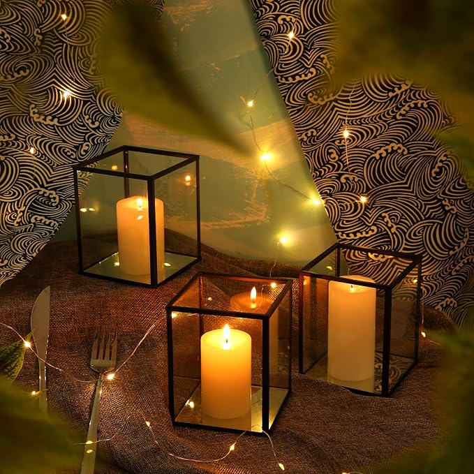 Phosphor Set of 6 PCS Small Glass Hurricane Camdle Holder, Black Candle Holder for Wedding, Party, Holiday.