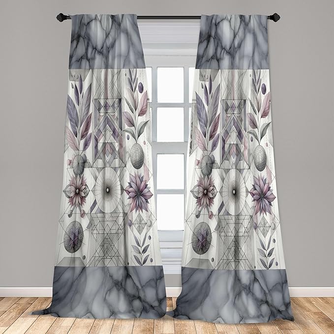 Ambesonne Geometric Floral Window Curtains Pack of 2, Classic Marble Print Ornate Leafy Flowers and Futurist Stripes, Lightweight Set with Rod Pocket, 4 Panels of - 28" x 84", Ceil Blue Laurel Green