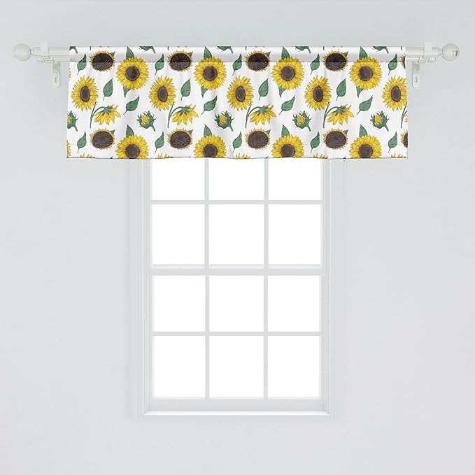 Ambesonne Sunflower Window Valance, Agricultural Pattern Botanical Inspiration Hand-Drawn Flowers, Curtain Valance for Kitchen Bedroom Decor with Rod Pocket, 54" X 18", Reseda Green Dark Brown