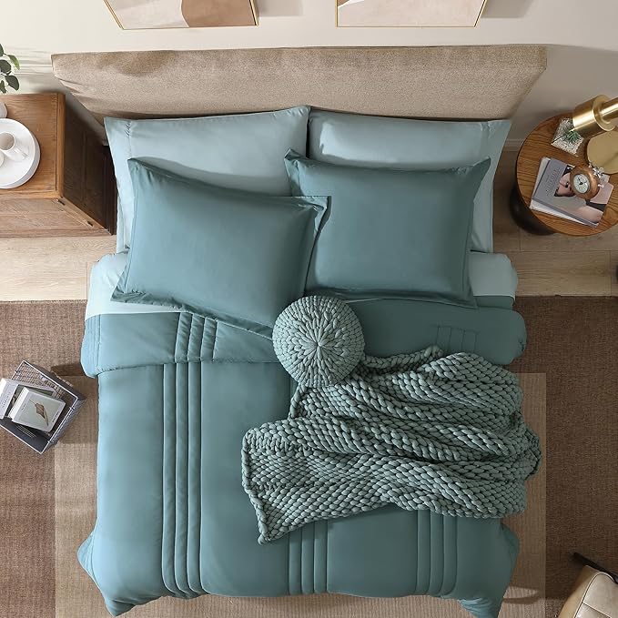 Monbix Full Comforter Set - 7 Pieces Dark Green Bed in a Bag Full Size Bedding Sets with Comforters, All Seasons Down Alternative Comforter with Sheets,Pillowcases & Shams