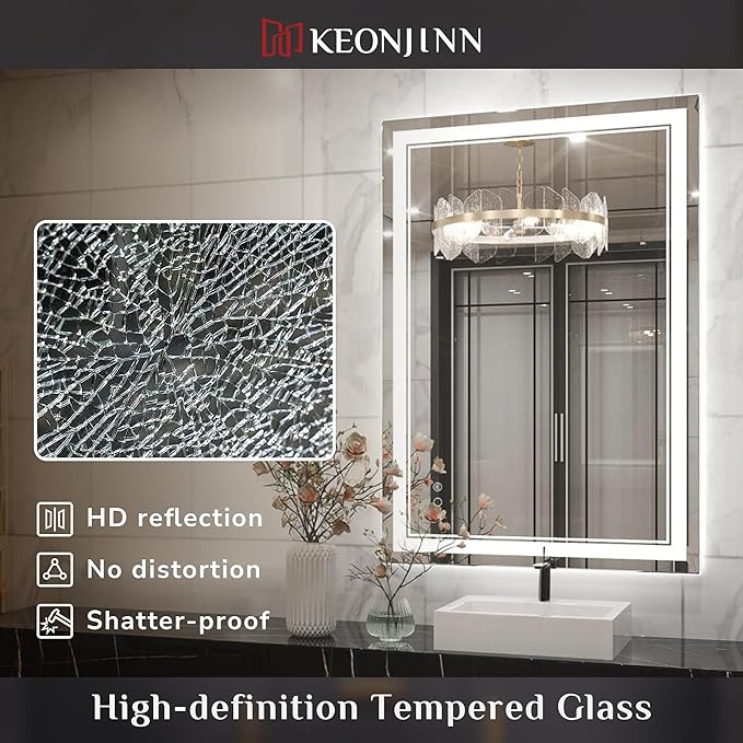 Keonjinn 55 x 36 Inch Bathroom LED Mirror, Oversized Lighted Bathroom Mirror, UL Listed LED Driver, HD Tempered Glass, Easy Installation, Anti-Fog, Memory Dimmable 6000K, CRI 90+(Horizontal/Vertical)