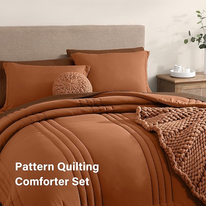 Monbix Full Comforter Set - 7 Pieces Burnt Orange Bed in a Bag Full Size Bedding Sets with Comforters, All Seasons Down Alternative Comforter with Sheets,Pillowcases & Shams