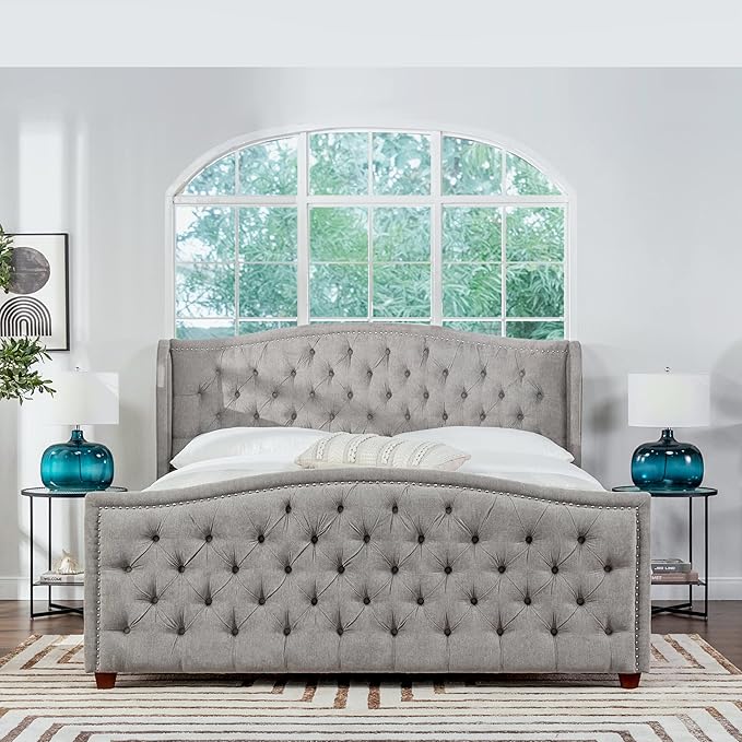 Jennifer Taylor Home Marcella Upholstered Shelter Headboard Bed Set, King, Silver Grey Polyester