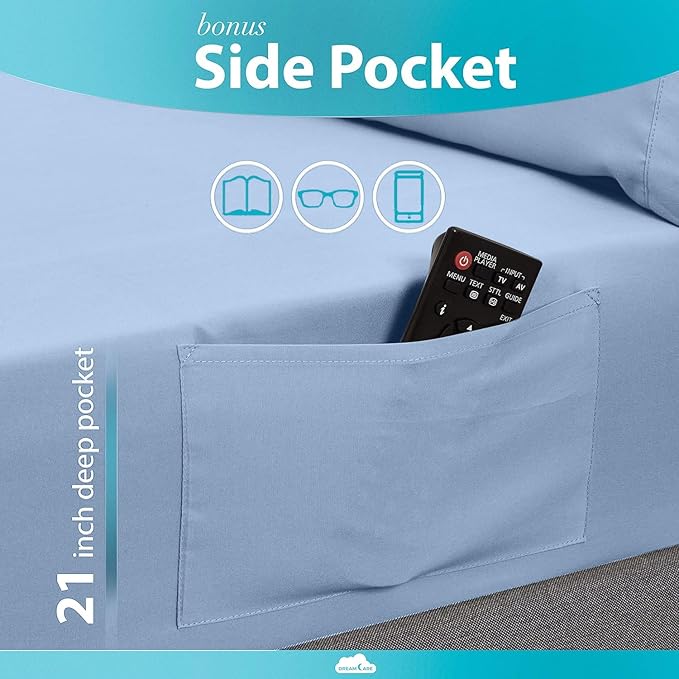 DREAMCARE California King Sheet Sets – 6 pcs Cooling Bed Sheets – up to 15” Deep Cal King Sheets – 2500 Supreme Collection – Extra Soft 100% Brushed Microfiber Hotel Luxury with Side Pocket – L Blue