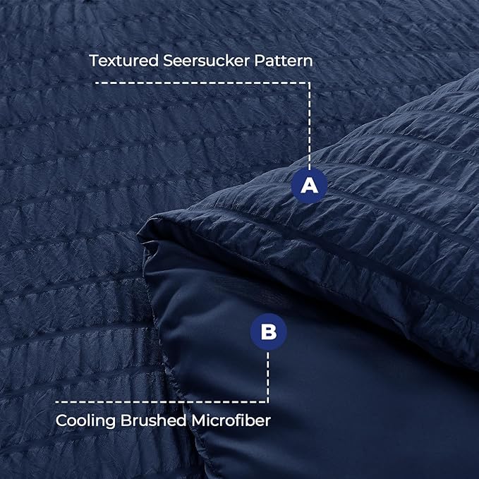 HYMOKEGE Navy Blue Oversized King Comforter Set Seersucker 7 Pieces, All Season Luxury Bed in a Bag for Bedroom, Bedding Set with Comforter, Sheets, Pillowcases & Shams