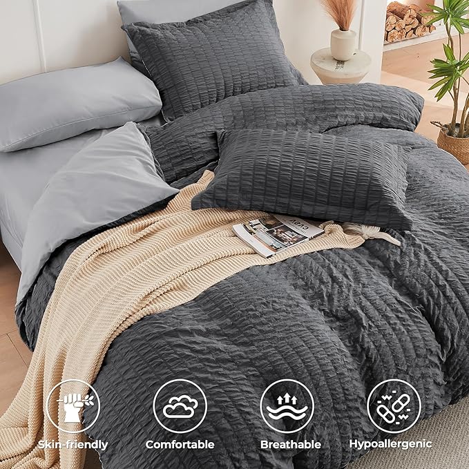 HYMOKEGE Dark Grey/Light Grey Twin Comforter Set Seersucker 5 Pieces, All Season Luxury Bed in a Bag for Bedroom, Bedding Set with Comforter, Sheets, Pillowcase & Sham