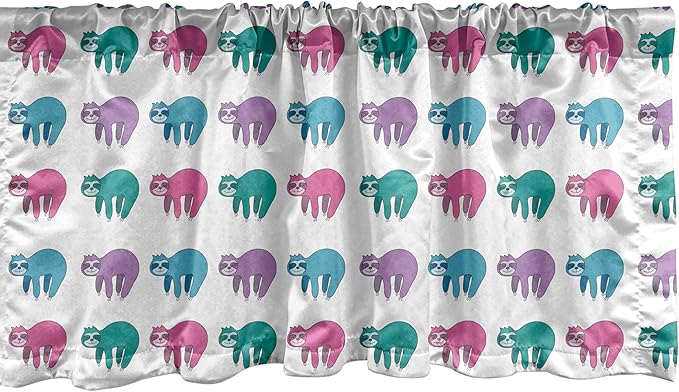 Ambesonne Funny Sloth Window Valance, Colorful Art Repeating Lazy Animal on Plain Backdrop, Curtain Valance for Kitchen Bedroom Decor with Rod Pocket, 54" X 12", Dark Seafoam Pink