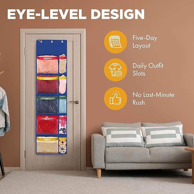 Over the Door Weekly Clothes Organizer - 5 Shelf Hanging Closet Storage with Day of the Week Labels - Weekly Clothes Organizer For Kids - Space-Saving Over Door or Wall Hanging Organizer (Blue)