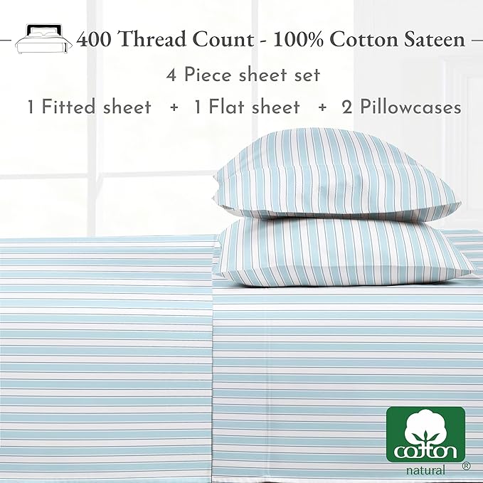 California Design Den Full Size Bed Sheets Set - 400 Thread Count Sateen, Natural 100% Cotton Sheets, Deep Pocket Cooling and Durable Bedding Set - Cape Stripe