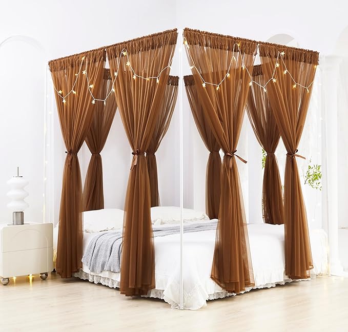 Akiky Canopy Bed Curtain with Lights Bed Drapes for Girls Adults Soft Bed Canopy Scarf for Bed Room Decoration (King, Coffee)