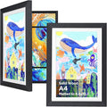 KINLINK A4 Kids Art Frames Set of 2, Solid Wood Kids Artwork Frames Changeable with Acrylic Front Opening Holds 150 Pictures 8.3x11.7, Art Frame for Kids Artwork with Mat or without Mat, Black Wood