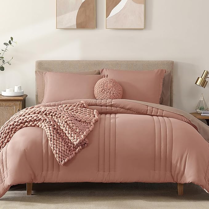 Monbix Full Comforter Set - 7 Pieces Clay Pink Bed in a Bag Full Size Bedding Sets with Comforters, All Seasons Down Alternative Comforter with Sheets,Pillowcases & Shams