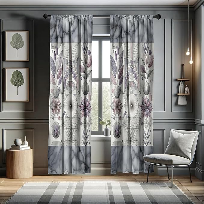 Ambesonne Geometric Floral Window Curtains Pack of 2, Classic Marble Print Ornate Leafy Flowers and Futurist Stripes, Lightweight Set with Rod Pocket, 4 Panels of - 28" x 95", Ceil Blue Laurel Green