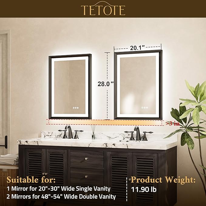 TETOTE 20x28 LED Mirror for Bathroom Black Metal Frame Frontlit & Backlit Lighted Vanity Mirror Baroque Anti Fog Stepless Dimmable White/Warm/Natural,CRI90+,Wall Mounted(Horizontal/Vertical)