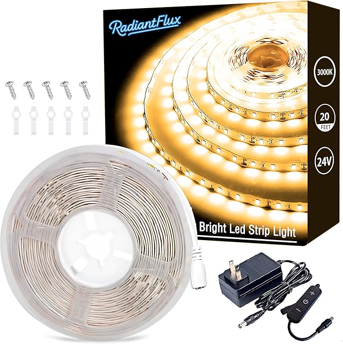 RadiantFlux 20 ft Led Light Strip Warm Indoor Decoration, Small Dimmable LED Lights Strip, 360 LEDs, Super Bright LED Tape Rope Lights for Living Room, Bedroom, Kitchen, Vanity Mirror