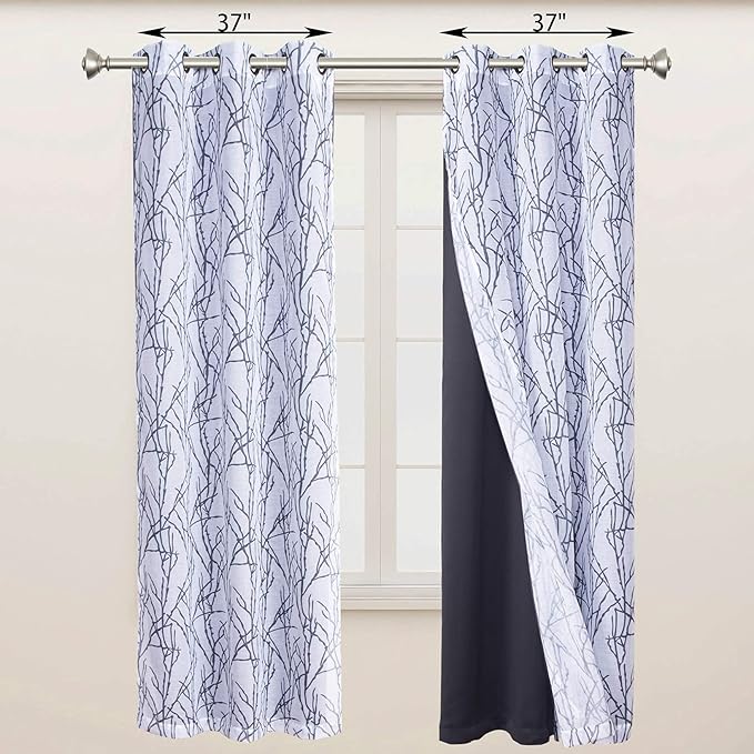 BONZER Mix and Match Curtains - 2 Pieces Branch Print Sheer Curtains and 2 Pieces Blackout Curtains for Bedroom Living Room Grommet Window Drapes, 37x95 Inch/Panel, Grey Dark, Set of 4 Panels