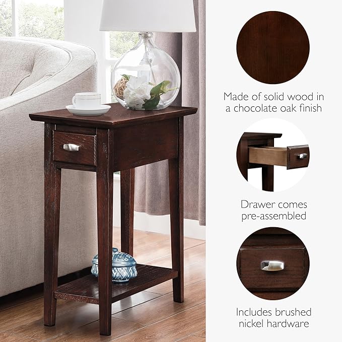 Leick Home 15 in Wide End Table, Solid Wood Construction, One Drawer, One Lower Shelf, Narrow Width, Easy-Assembly, Chocolate Oak, 15 in W x 24 in D x 24 in H, 10071-CH