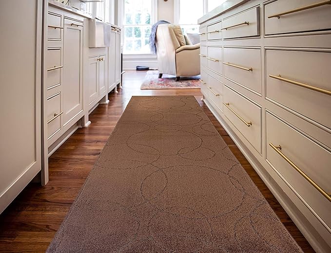 Custom Size Modern Geometric Pattern Carpet Runner Rug for Hallways, Slip Resistant Latex Rubber Backed, 31 inch Wide X Customized Length, Circles Brown, 31 inch X 10 feet