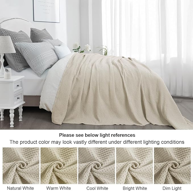 PHF 100% Cotton Waffle Weave Blanket Queen Size for Bed,Snag Proof Lightweight Breathable Moisture-Wicking Throw for Couch,Great for Layering in Cold Weather,Machine Washable, Home Decor Gift-Linen