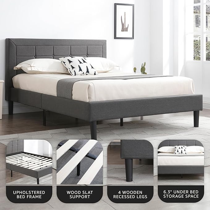 Decoro Mornington Upholstered 2.0 Platform Bed, Button-Tufted Fabric Headboard and Metal Frame with Wood Slat Support, Light Grey, Full