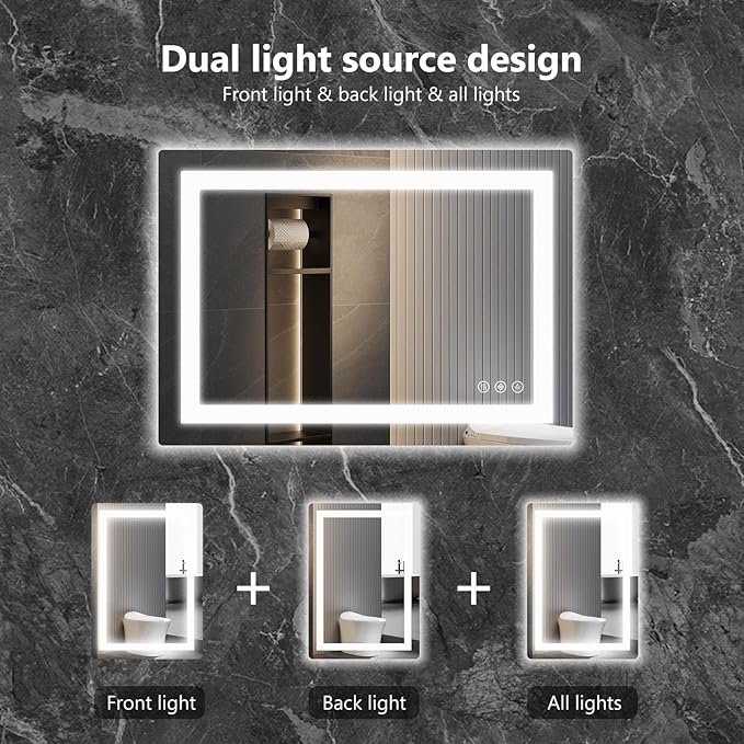 DUMOS 28"x 21" LED Bathroom Mirror with Lights, Dimmable Anti-Fog Front Lit Backlit Lighted Wall Mounted Rectangle for Vanity Makeup Memory Function Tempered Glass Shatter-Proof Horizontal&Vertically
