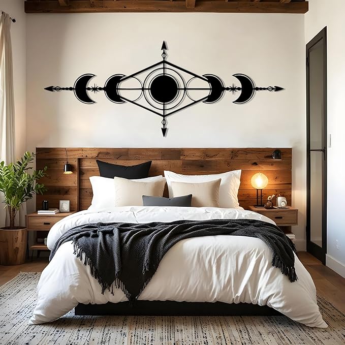 Hfrolixit Moon Phase Metal Wall Decor, Boho Moon Metal Wall Art, Celestial Wall Decor, Scandinavian Natural Wall Art, Astrology Wall Hanging (White, 24"x9"/60x24cm)