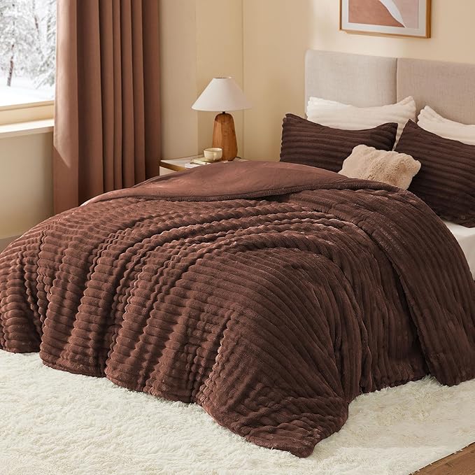 BEDELITE Fleece Twin Comforter Set -Super Soft & Warm Fluffy Hot Chotolate Bedding, Luxury Fuzzy Heavy Bed Set for Winter with 1 Pillow case