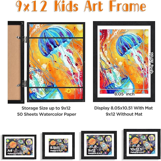 KINLINK 9x12 Kids Art Frames Set of 2, Solid Wood Kids Artwork Frames Changeable with Acrylic Front Opening Holds 150 Pictures, Art Frame for Kids Artwork with Mat or without Mat, Black