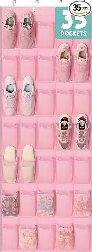 Tiblue Over The Door Shoe Organizers Pink with 35 Mesh Pockets Baby Organizer Storage Hanging Shoe Organizer Shoe Holder Rack For Toddler Girl Room Baby Room Craft Room Bedroom Pantry Bathroom Closet