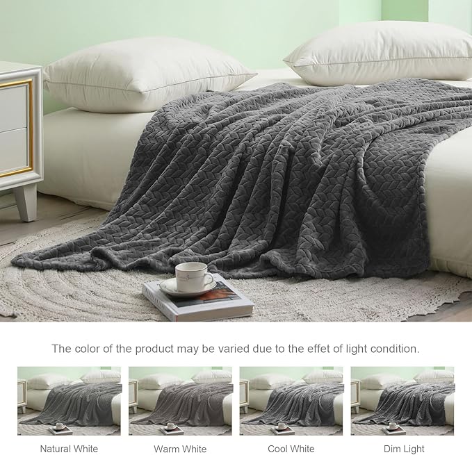 Exclusivo Mezcla Fleece Twin Size Blanket for Bed, 90x66 Inches Soft Cozy Jacquard Flannel Blankets, Lightweight Fuzzy Plush Warm for Winter, Dark Grey