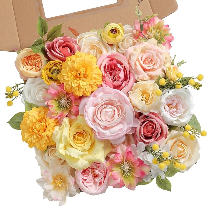 Artificial Flower Assortment for DIY Centerpiece Arrangement Wedding Hand Bouquet Flower Bouquet Centerpiece Arrangement Party Baby Shower Home Decoration (Pink Yellow)