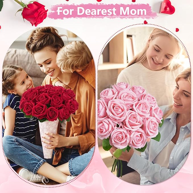 BLEUM CADE 50 Pcs White Roses Artificial Flowers, Real Touch Velvet Roses Fake Flowers Bulk, Artificial Roses Bouquet with Long Stems Bridal DIY Wedding Party Centerpiece Decorations
