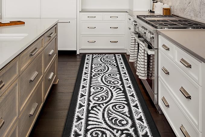 Custom Length Cut to Size Tribal Ethnic Southwestern Inspired Hallway Runner Rug, Non Slip Rubber Backed, 31 inch Wide X Customized Length, Mayan Black, 31 inch X 12 feet