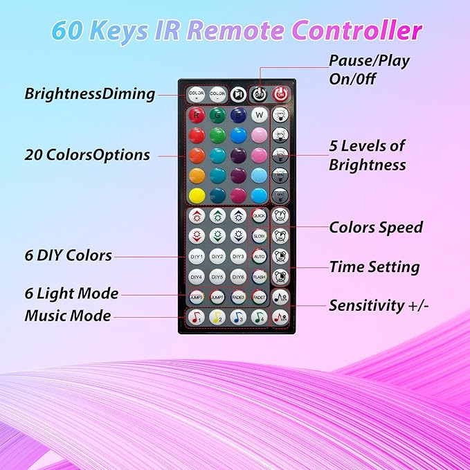 Led Lights for Bedroom 50ft Music Sync Color Changing Led Strip Lights with 60 Key Remote and App Control RGB Led Light Strip for Home Party Room Decoration