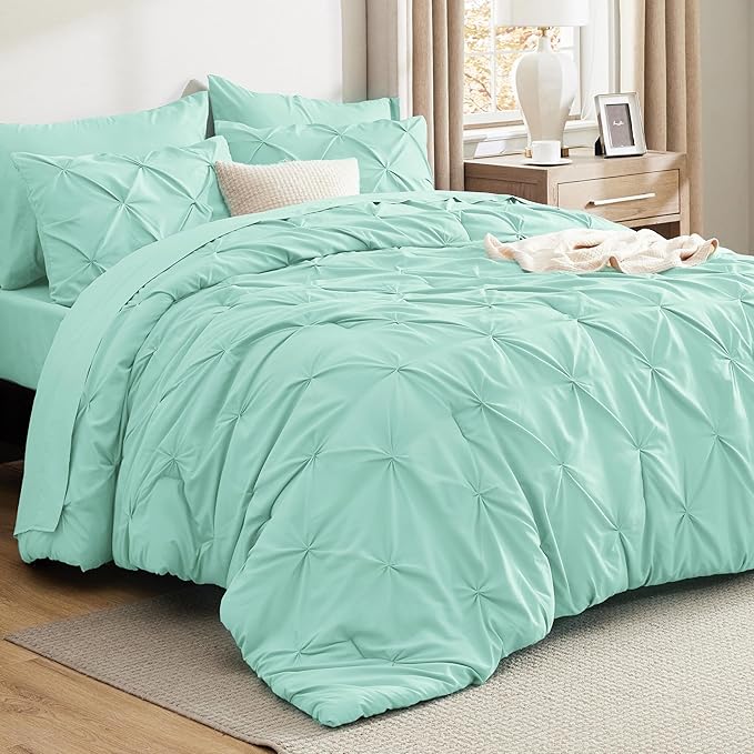 Bedsure California King Comforter Set - Bed in a Bag Cal King Bedding Set 7 PCS, GentleSoft™ Pintuck Bed Set Gift for Family, Pinch Pleat Mint Green Comforter with Sheets, Pillowcases & Shams