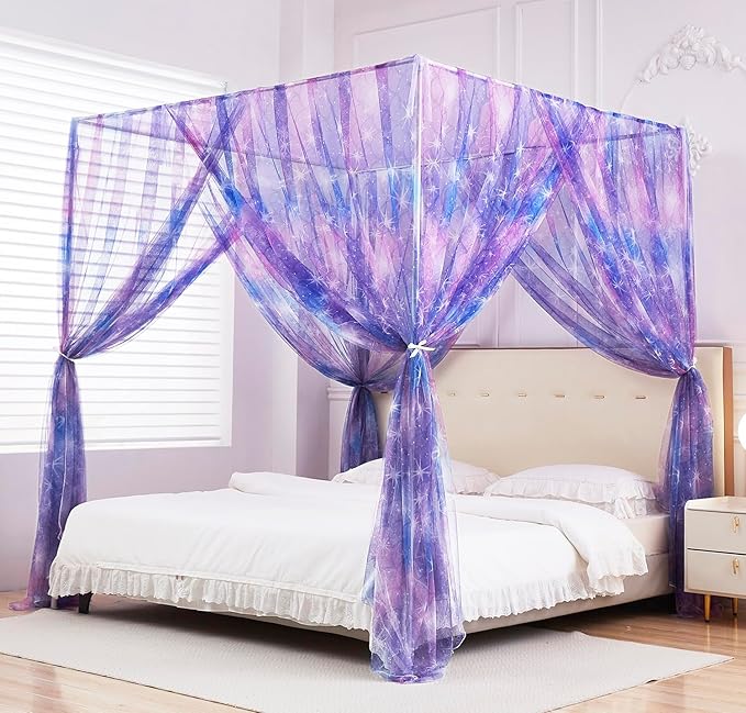 Mengersi Tie Dye Canopy Bed Curtains with Lights,Gradient Ombre Bed Canopy for Girls,Canopy for Bed Princess Bed Drapes for Girls Room Decor(King,Purple)