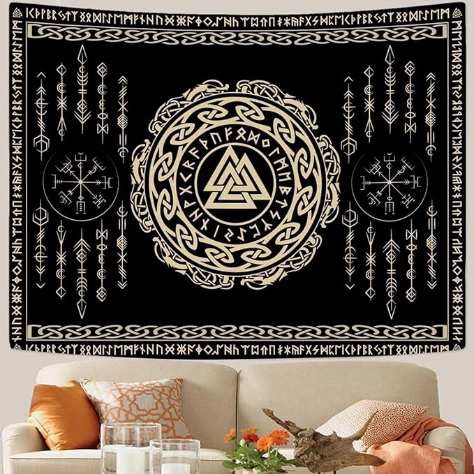 OSUNBD Nordic Viking Tapestry Wall Hanging - Small 60x40inches Soft Flannel with Valknut, Celtic Runes & Norse Mythology Scandinavian for Bedroom, Living Room Decor