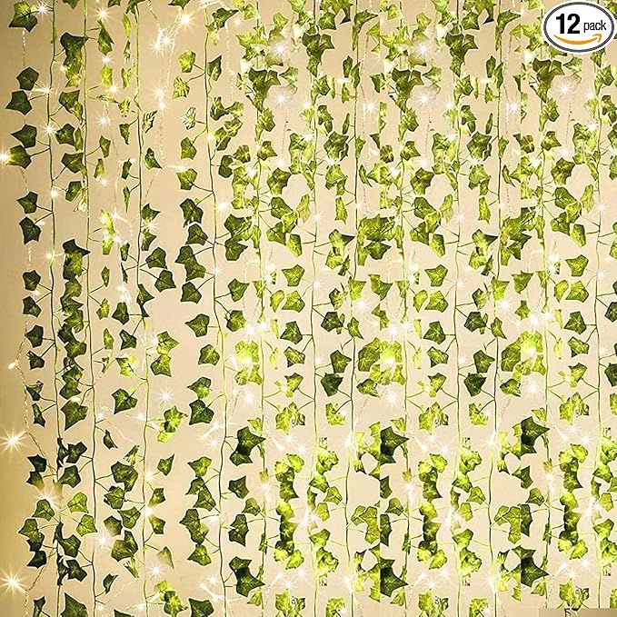 KASZOO 84Ft 12 Pack Artificial Ivy Garland Fake Plants, Vine Hanging Garland with CE Certified 80 LED String Light, Hanging for Home Bedroom Garden Party Wedding Wall Room Decor, Green
