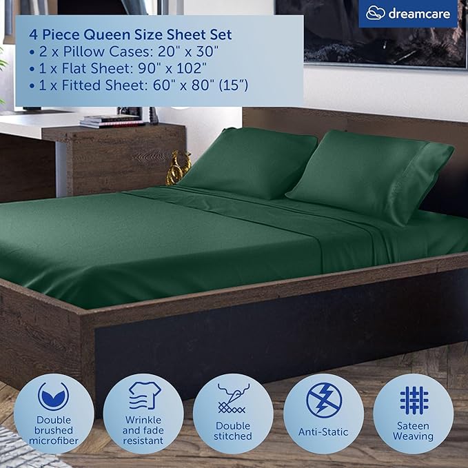 DREAMCARE Queen Size Sheets - Cooling Bed Sheets - 4pcs Set - up to 15" Deep Pocket Queen Sheet Set - Sheets Queen Size Bed - Soft & Long Lasting 100% Fine Microfiber with Side Pocket - Emerald Green
