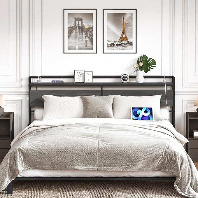 HOOBRO King Size Headboard, Headboard with 2 Outlets and 4 USB Ports, Adjustable Height, Storage Rack, Sturdy and Stable, Easy Assembly, Charcoal Gray and Black