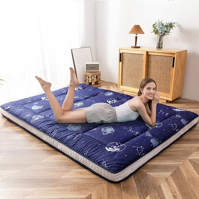 MAXYOYO Navy Space Adventure Futon Mattress, Padded Japanese Floor Mattress Quilted Bed Mattress Topper, Extra Thick Folding Sleeping Pad Breathable Floor Lounger Guest Bed for Camping Couch, Queen