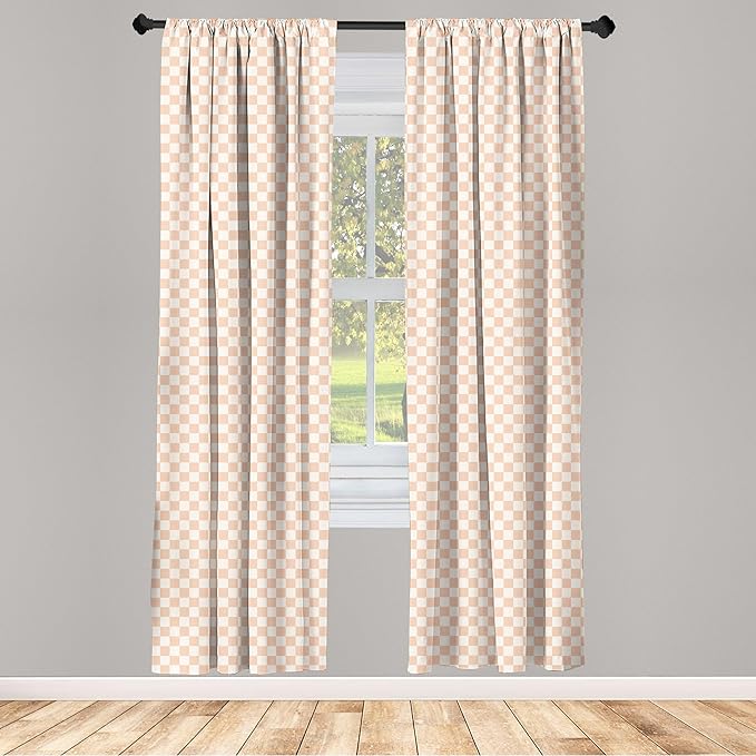 Ambesonne Geometric Curtains, Pale Salmon Colored Chess Table Like Modern Pink Color Squares Art Print, Window Treatments 2 Panel Set for Living Room Bedroom, Pair of - 28" x 84", Peach Cream
