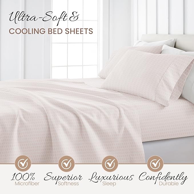 Linen Market Patterned Microfiber Queen Sheet Set 4 Piece – Oeko-TEX Certified Ultra Soft & Wrinkle-Free - 16" Deep Pocket Sheets - Easy Care Queen Size - Classic in Pink